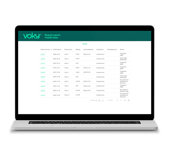 Bärbar dator som visar Vokys orderöversiktsskärm