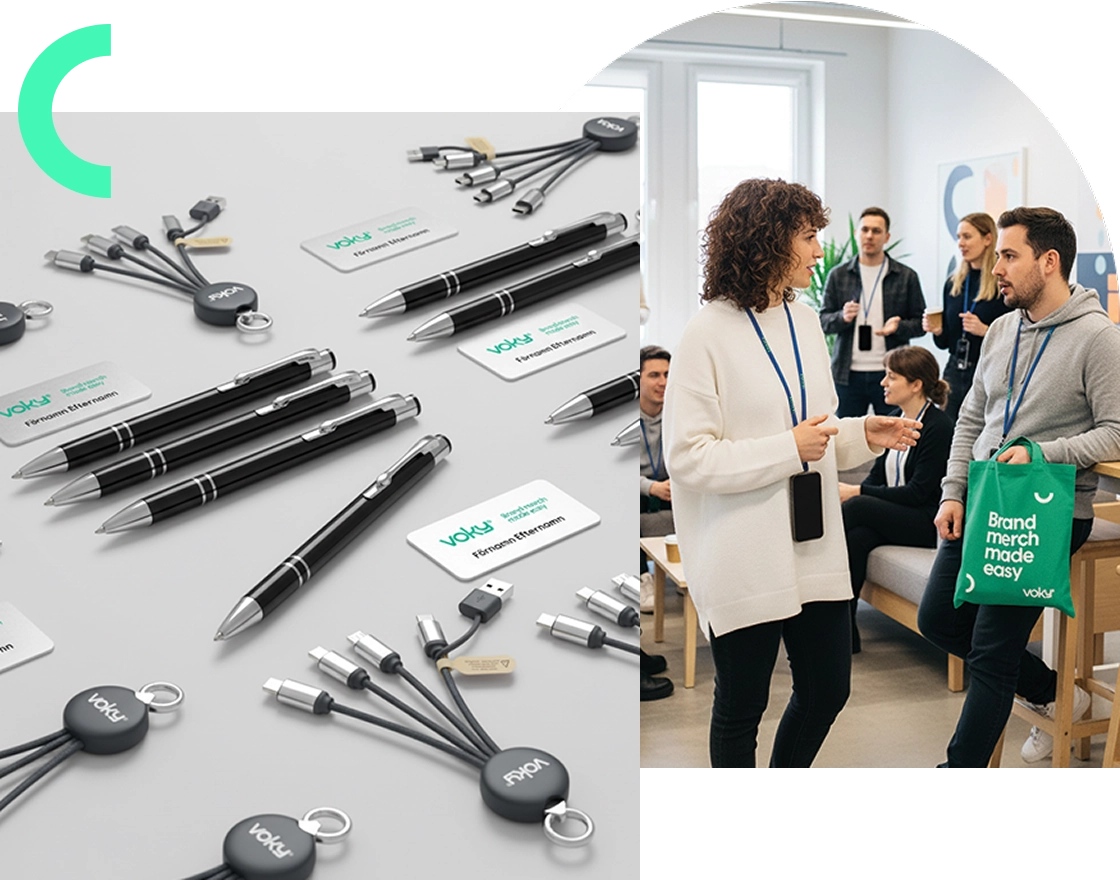 En delad bild som visar Voky-m&auml;rkta profilprodukter (pennor, namnskyltar, laddkabel) till v&auml;nster, och Voky-anst&auml;llda som samtalar p&aring; ett kontor till h&ouml;ger.